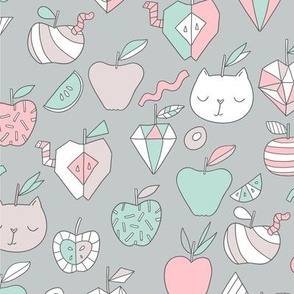 Apples, worms, diamonds and cats. Pastel colors. Food, animals and fruits design