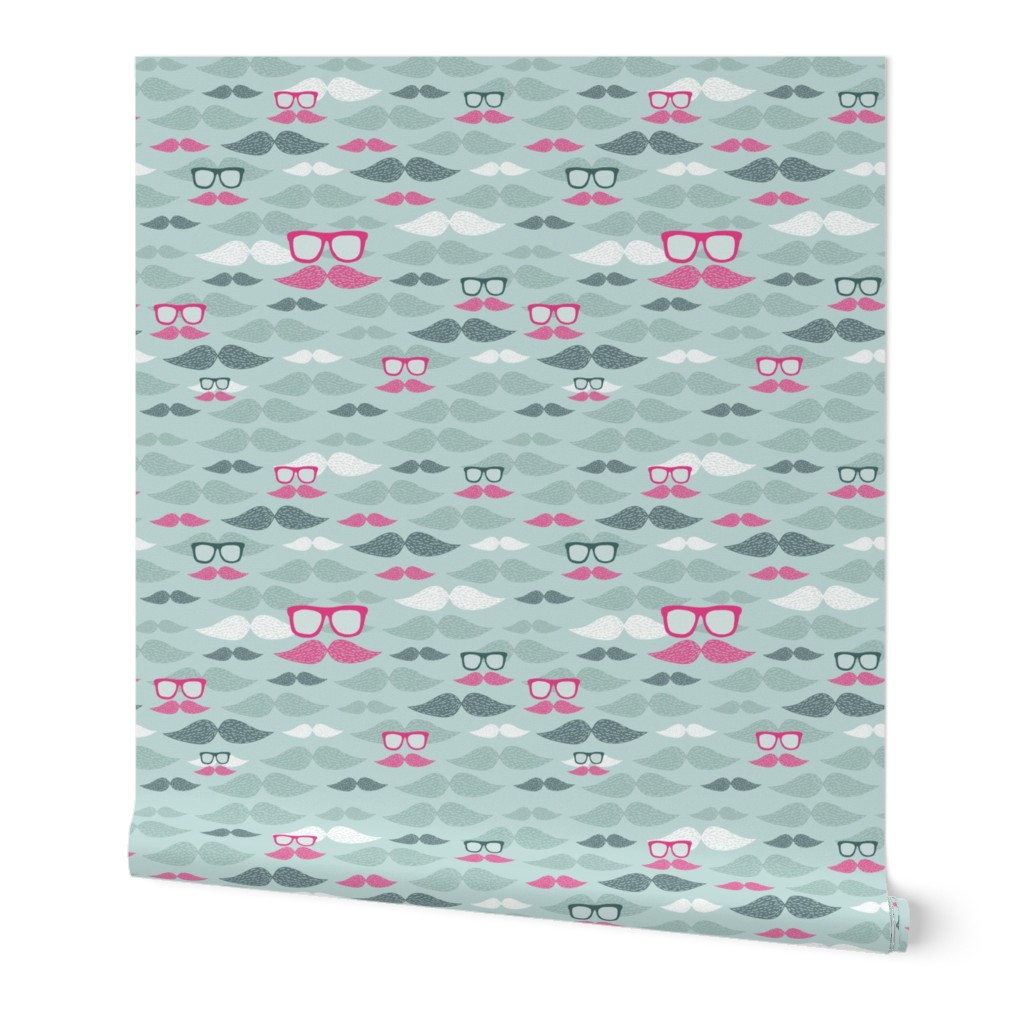 Funny men mustache and hipster glasses pattern. For boy, dad, father. Grey and pink