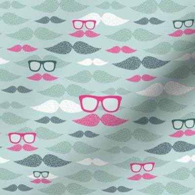 Funny men mustache and hipster glasses pattern. For boy, dad, father. Grey and pink