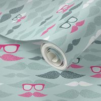 Funny men mustache and hipster glasses pattern. For boy, dad, father. Grey and pink