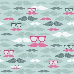 Funny men mustache and hipster glasses pattern. For boy, dad, father. Grey and pink