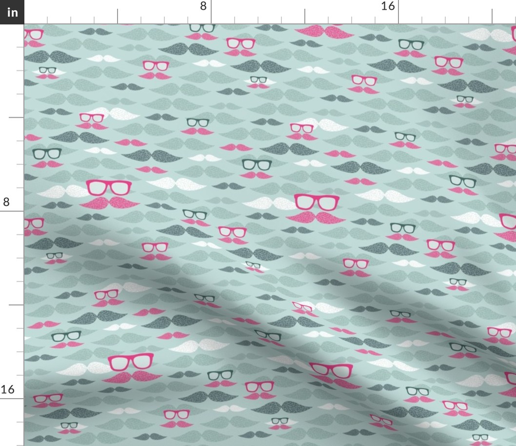 Funny men mustache and hipster glasses pattern. For boy, dad, father. Grey and pink