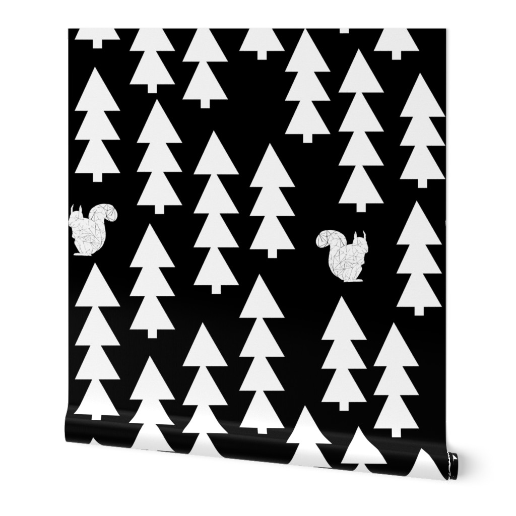 woodland squirrel  fabric// black and white triangle trees woodland forest fir tree forest