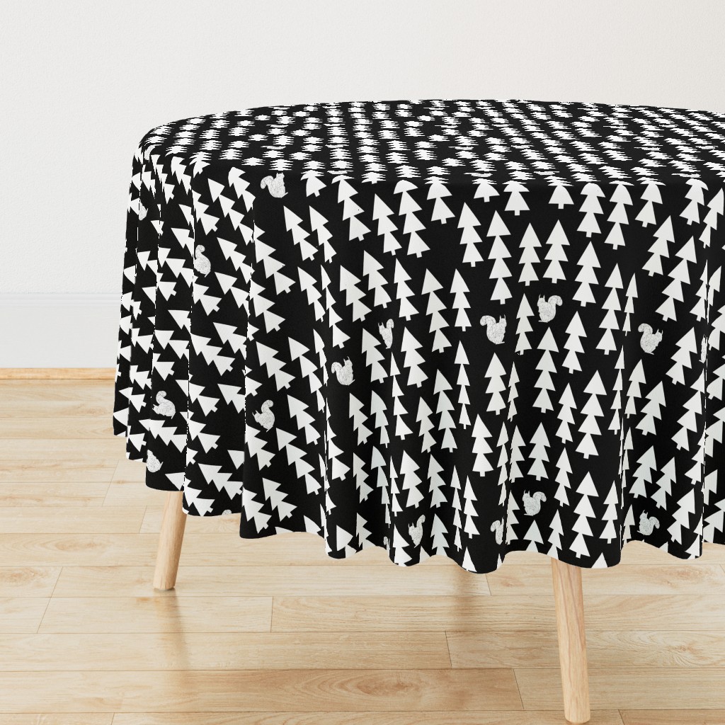 woodland squirrel  fabric// black and white triangle trees woodland forest fir tree forest