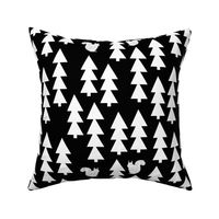 woodland squirrel  fabric// black and white triangle trees woodland forest fir tree forest