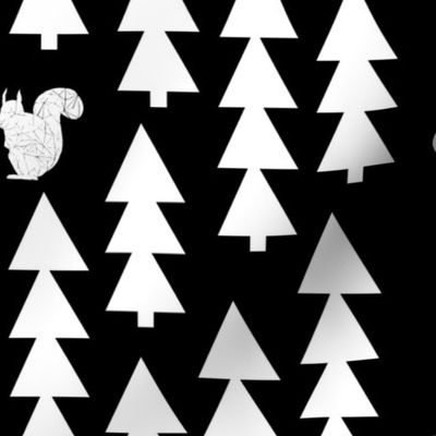 woodland squirrel  fabric// black and white triangle trees woodland forest fir tree forest