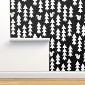 woodland squirrel  fabric// black and white triangle trees woodland forest fir tree forest