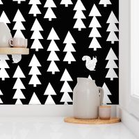 woodland squirrel  fabric// black and white triangle trees woodland forest fir tree forest