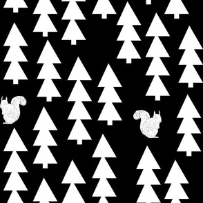 woodland squirrel  fabric// black and white triangle trees woodland forest fir tree forest