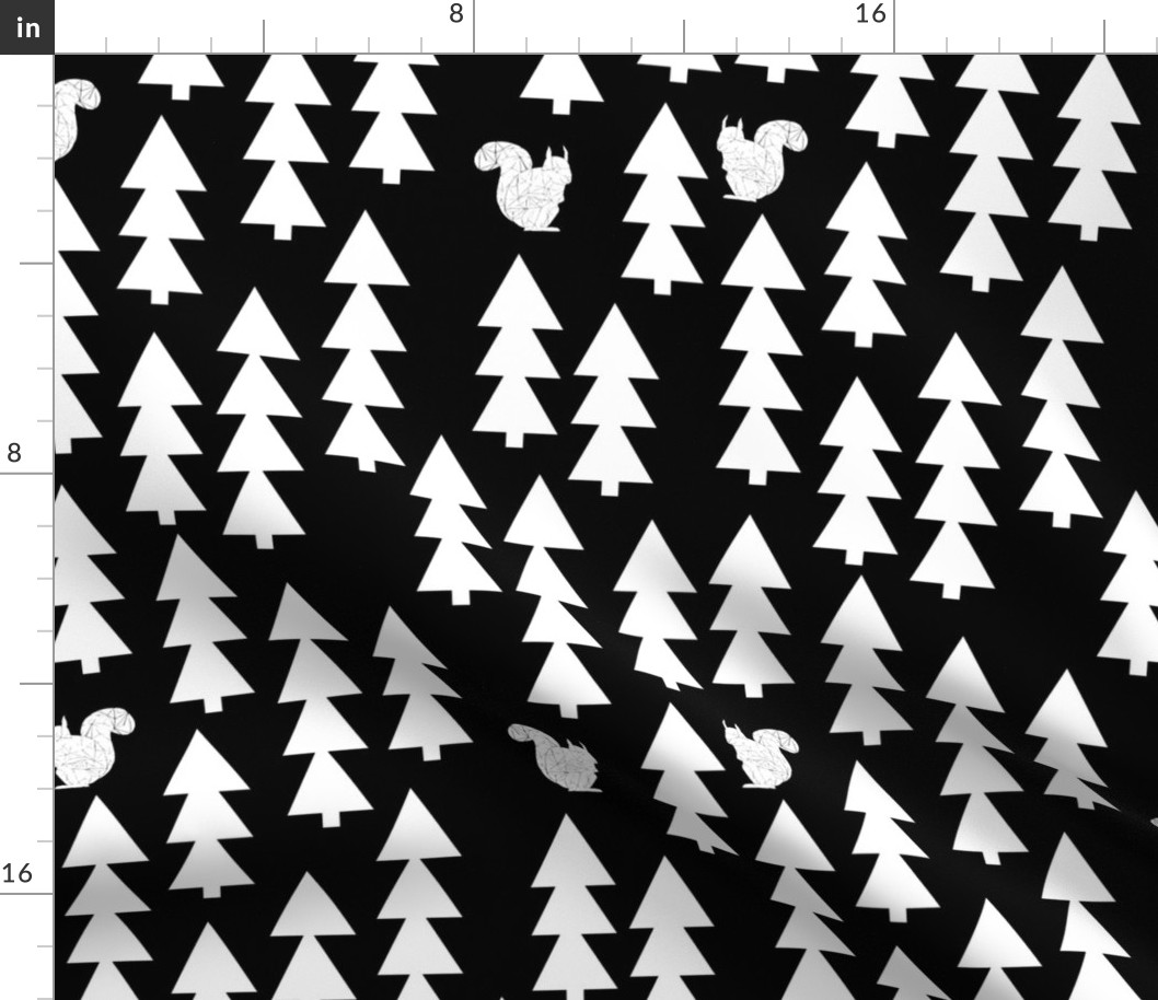 woodland squirrel  fabric// black and white triangle trees woodland forest fir tree forest