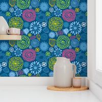 Floral pattern. Colorful summer flowers on blue background.