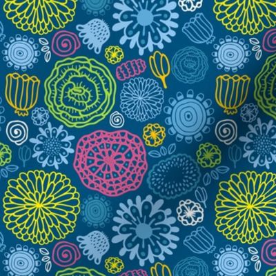 Floral pattern. Colorful summer flowers on blue background.