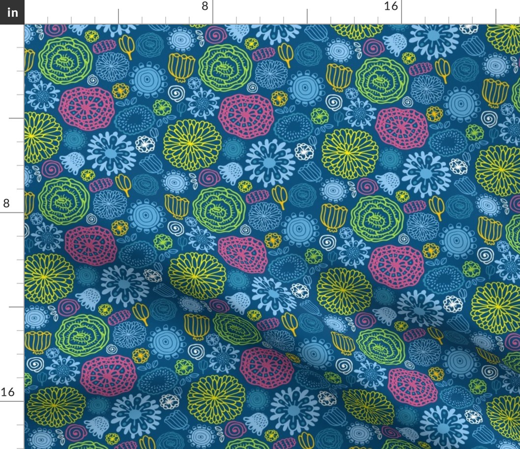 Floral pattern. Colorful summer flowers on blue background.