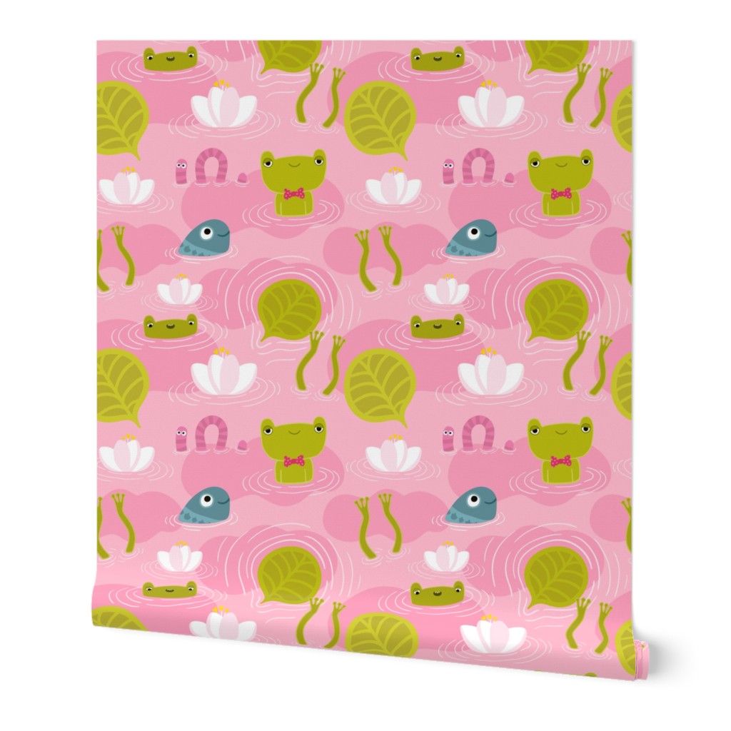 Cute frogs, fish, worm in the pink pond. Funny animals and summer nature. For kids