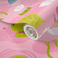 Cute frogs, fish, worm in the pink pond. Funny animals and summer nature. For kids