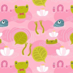 Cute frogs, fish, worm in the pink pond. Funny animals and summer nature. For kids