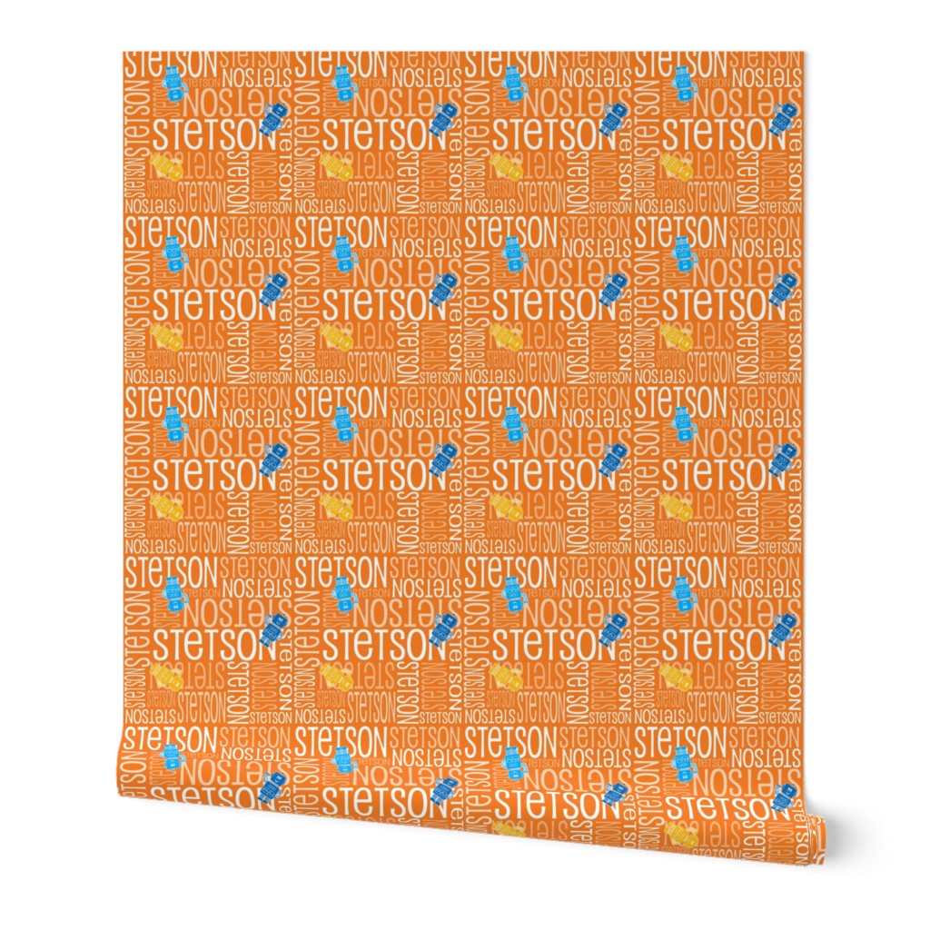 Personalised Name Fabric - Robots in Orange