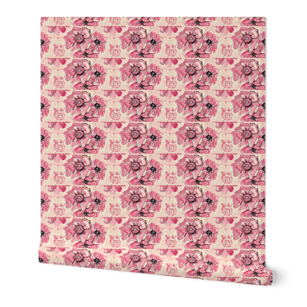 Vintage linen misty pink and white flowers