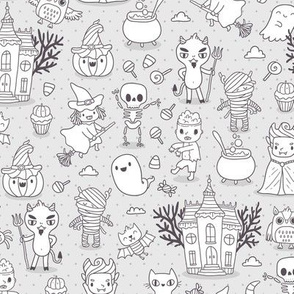 Cute Halloween Grey and White. Witch, vampire, zombie, spooky old house, cat, bat, cauldron, pumpkin, skeleton, devil, mummy, ghost. Fall design.