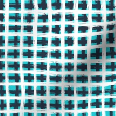 Geometric plaid pattern in blue and white