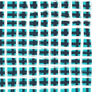 Geometric plaid pattern in blue and white