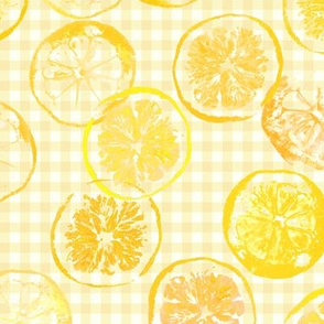 sunshine lemons and oranges on 1/4" pale sunshine gingham