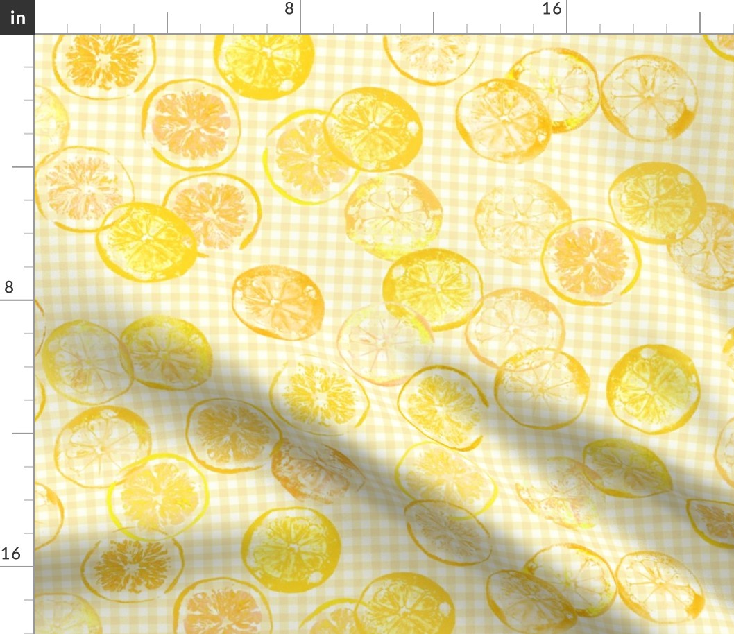 sunshine lemons and oranges on 1/4" pale sunshine gingham