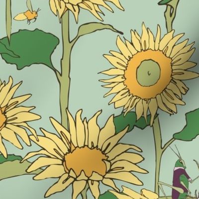 Grasshopper Picnic with Sunflowers Children's Hand Drawn Illustration