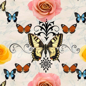 Roses and Butterflies with Calligraphy