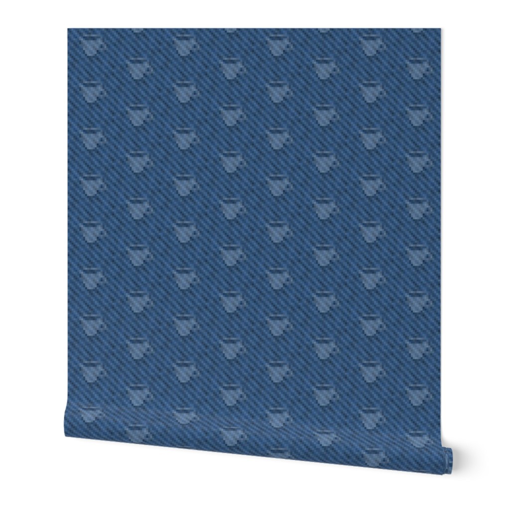 coffee cup icons on pixelated indigo denim