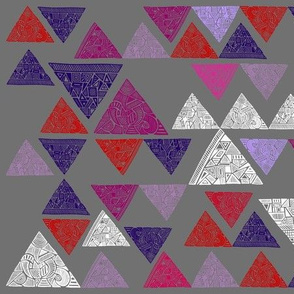 Patterned triangles - red, purple, lilac, pink, white on grey