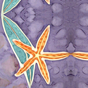 Orange Starfish and Teal Kelp on Purple Background