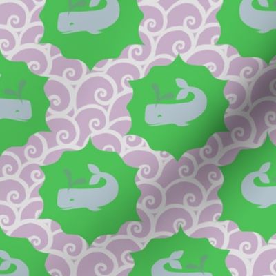 Whales on Bright Green with Purple Waves