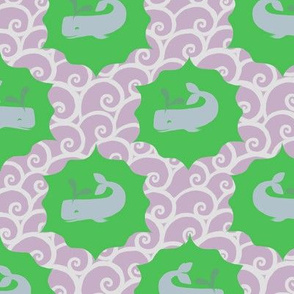 Whales on Bright Green with Purple Waves