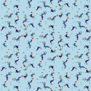 Blue Chicken and Roosters on Blue Background