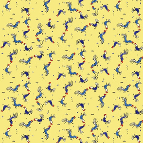 Blue Chickens and Roosters on Yellow Background