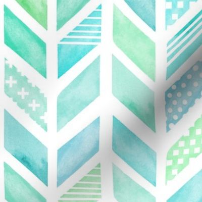 Watercolor Herringbone in Blue and Green