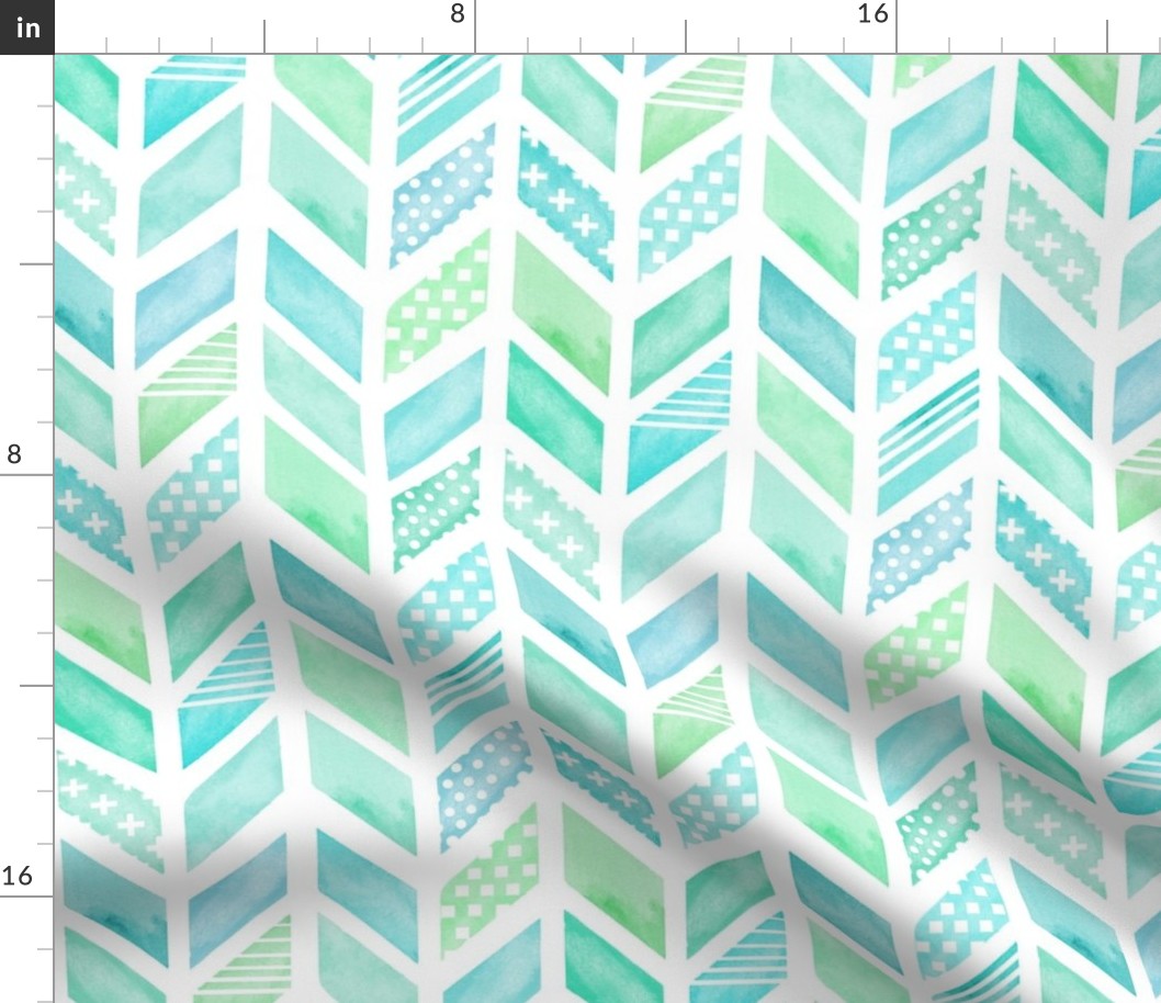 Watercolor Herringbone in Blue and Green