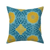 Yellow Flowers On Blue Cheerful Retro Pattern