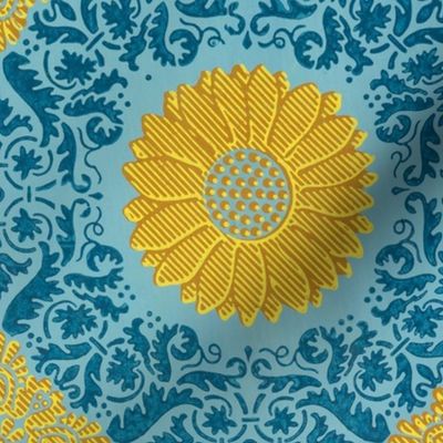 Yellow Flowers On Blue Cheerful Retro Pattern