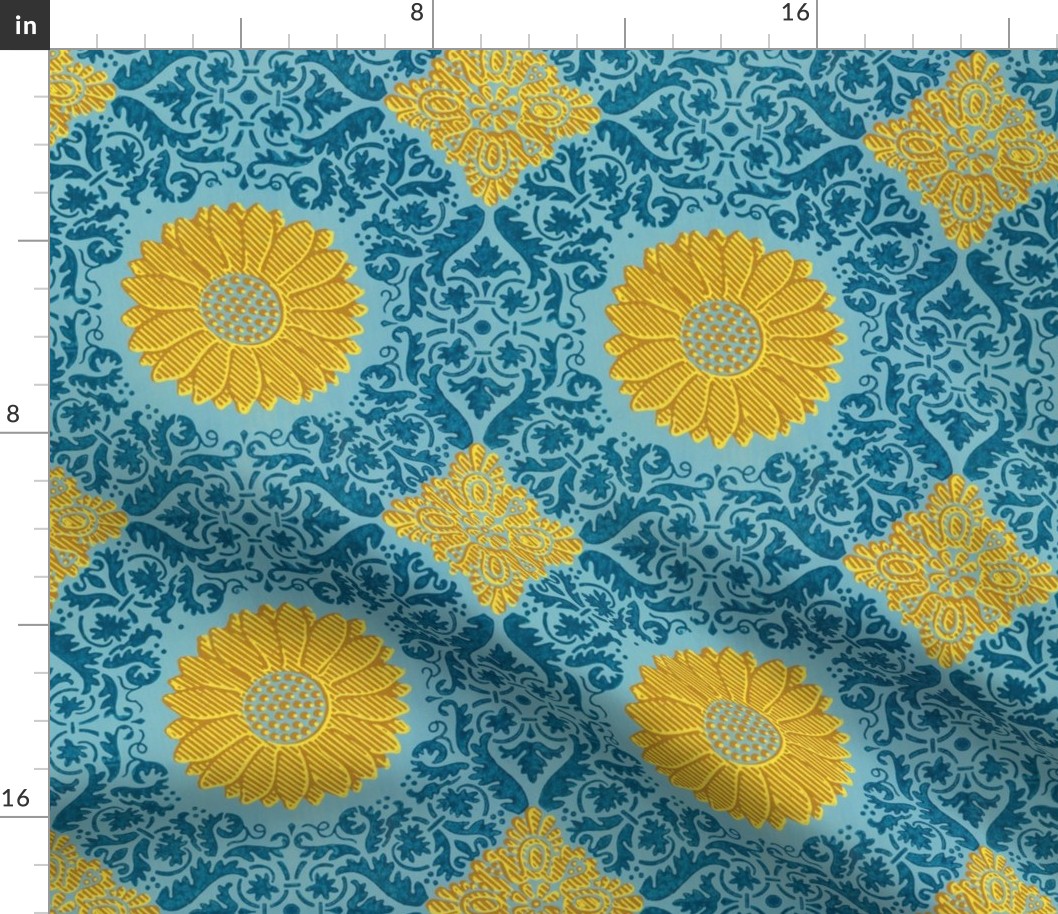 Yellow Flowers On Blue Cheerful Retro Pattern