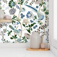 Chintz-Chinoserie-wallpaper, fabric -Spring birds flowers, Victorian, pastels, pinks, blues, greens, on white