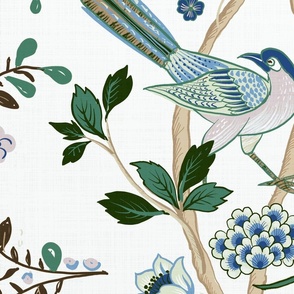 Chintz-Chinoserie-wallpaper, fabric -Spring birds flowers, Victorian, pastels, pinks, blues, greens, on white