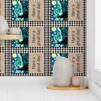 Starry Night  Van Gogh, Tea Towel Size Fat Quarter, Cream & Black Harlequin Diamond 