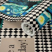 Starry Night  Van Gogh, Tea Towel Size Fat Quarter, Cream & Black Harlequin Diamond 