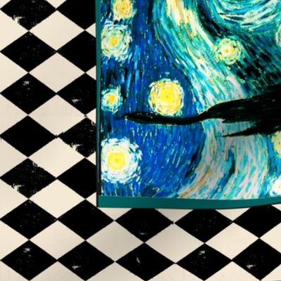 Starry Night  Van Gogh, Tea Towel Size Fat Quarter, Cream & Black Harlequin Diamond 