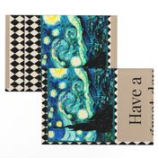 Starry Night  Van Gogh, Tea Towel Size Fat Quarter, Cream & Black Harlequin Diamond 