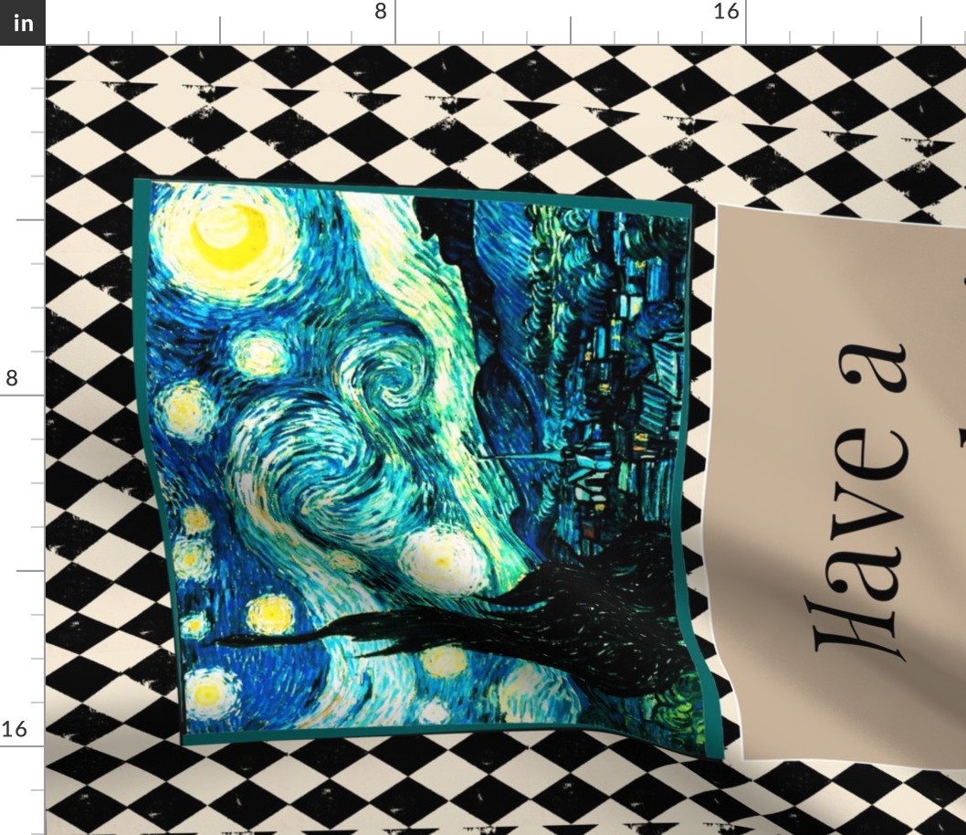 Starry Night  Van Gogh, Tea Towel Size Fat Quarter, Cream & Black Harlequin Diamond 
