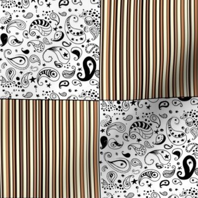  Orange Stripes Black White Paisley Cheater Quilt Patchwork  Blocks