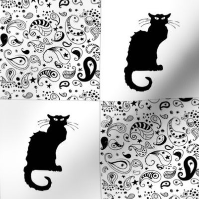 Black and White Paisley Le Chat Noir Cat Patchwork Cheater Quilt Blocks